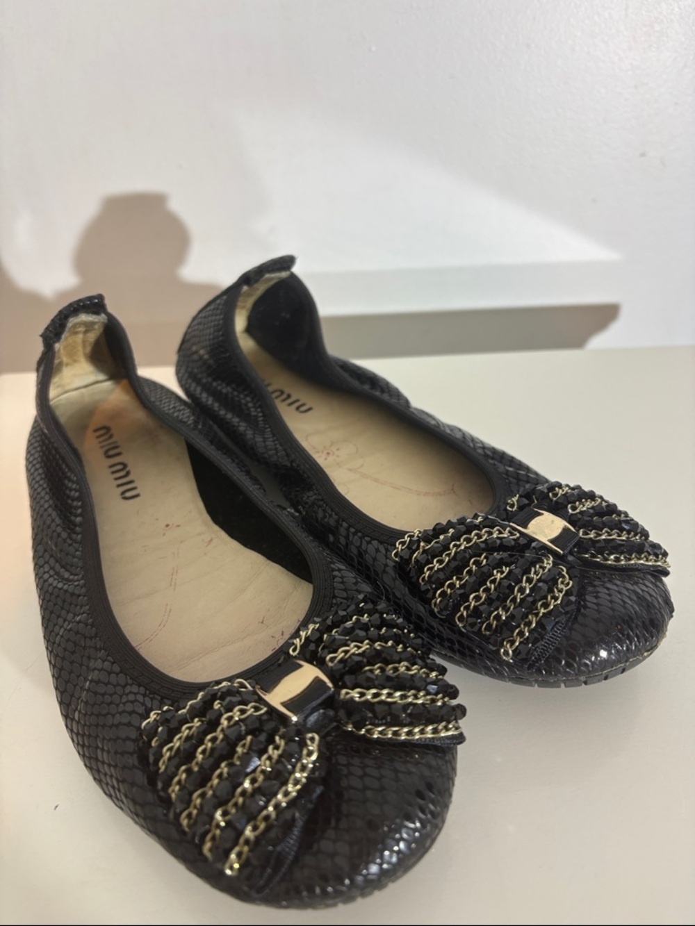 Miu Miu Black Snakeskin Embossed Bow Chain Ballet Flats EU 36